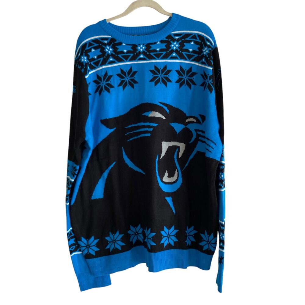NWT NFL Carolina Panthers Blue Black Argyle Logo Ugly Christmas Sweater Size 2XL